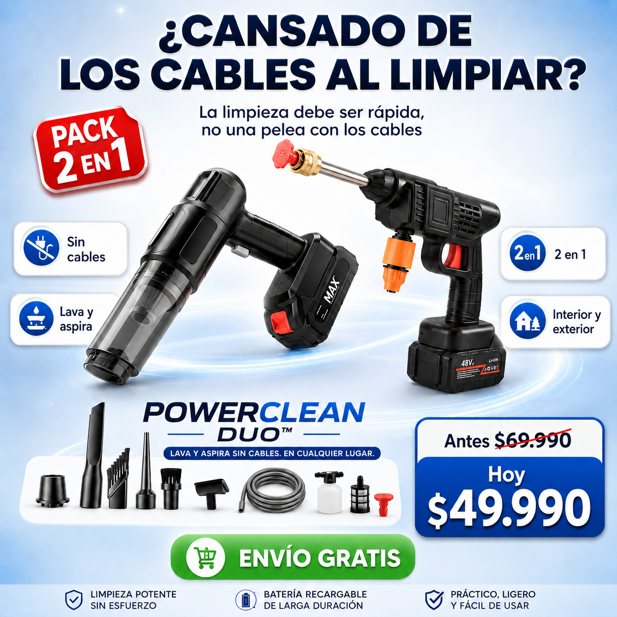 PowerClean Duo™ | La limpieza debe ser rapida, no una pelea con los cables
